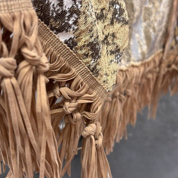 Animal Print Fringe Cardigan Sweater Sz M Faux Suede Piping Italian Boho Western - Picture 12 of 14